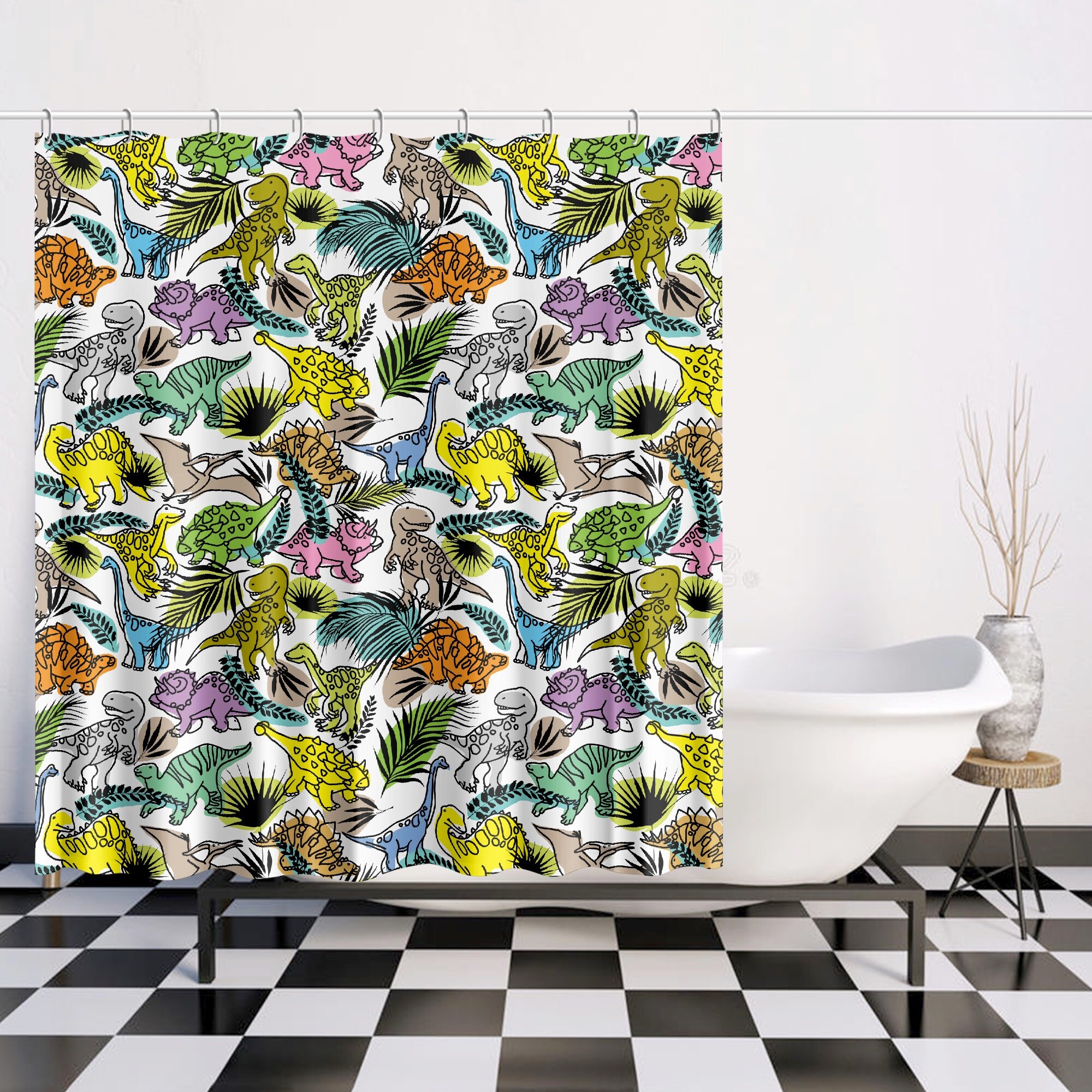 Dinosaur Fabric Printed Shower Curtain For Kids Bathroom Decor - Image 2