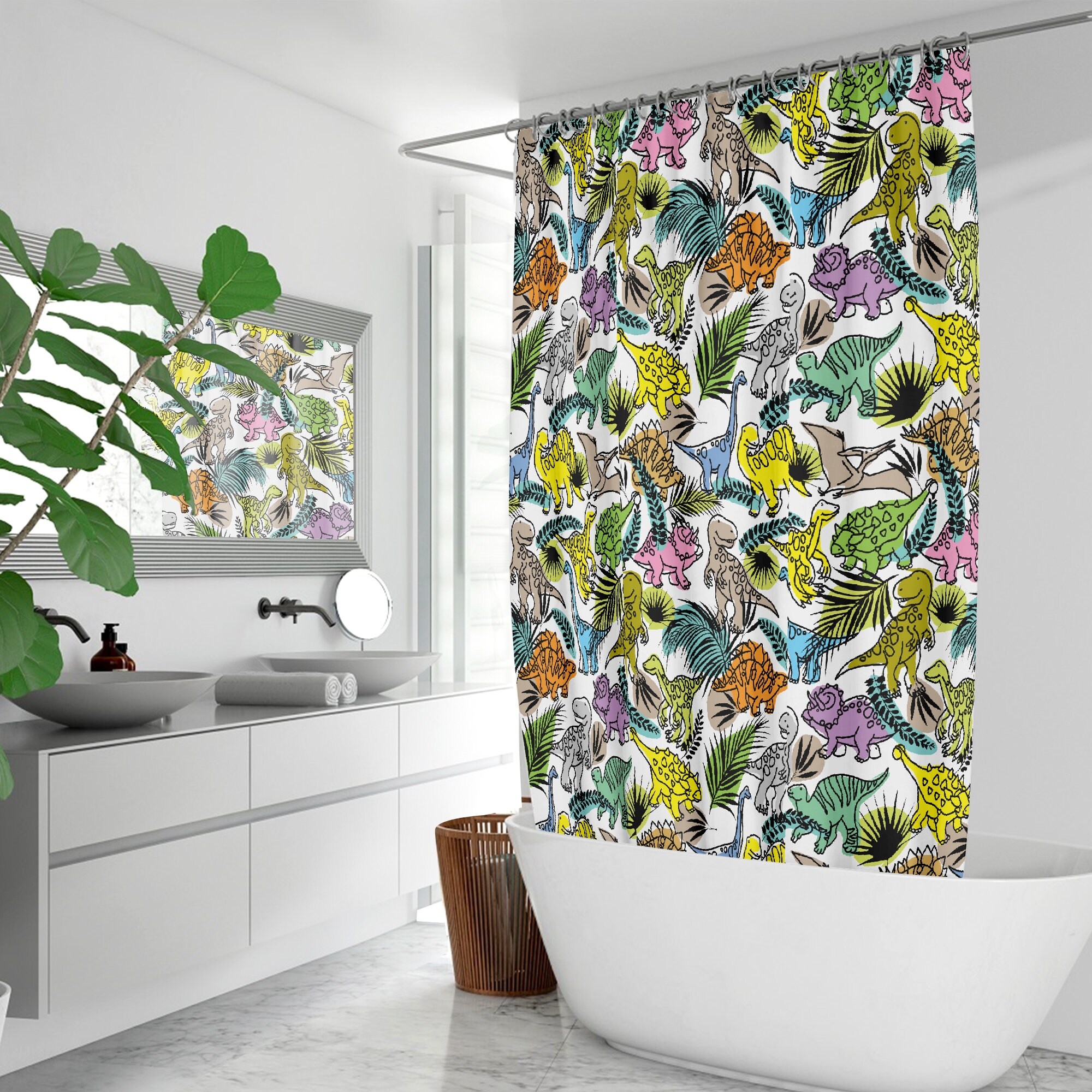 Dinosaur Fabric Printed Shower Curtain For Kids Bathroom Decor - Image 3