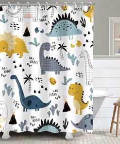 Dinosaur Graffiti Shower Curtain with Kids Cartoon Characters, Boys Bathroom Decor