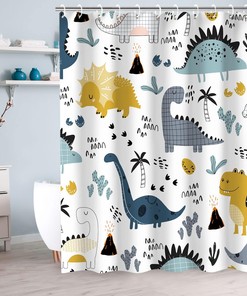 Dinosaur Graffiti Shower Curtain with Kids Cartoon Characters, Boys Bathroom Decor