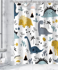 Dinosaur Graffiti Shower Curtain with Kids Cartoon Characters, Boys Bathroom Decor 