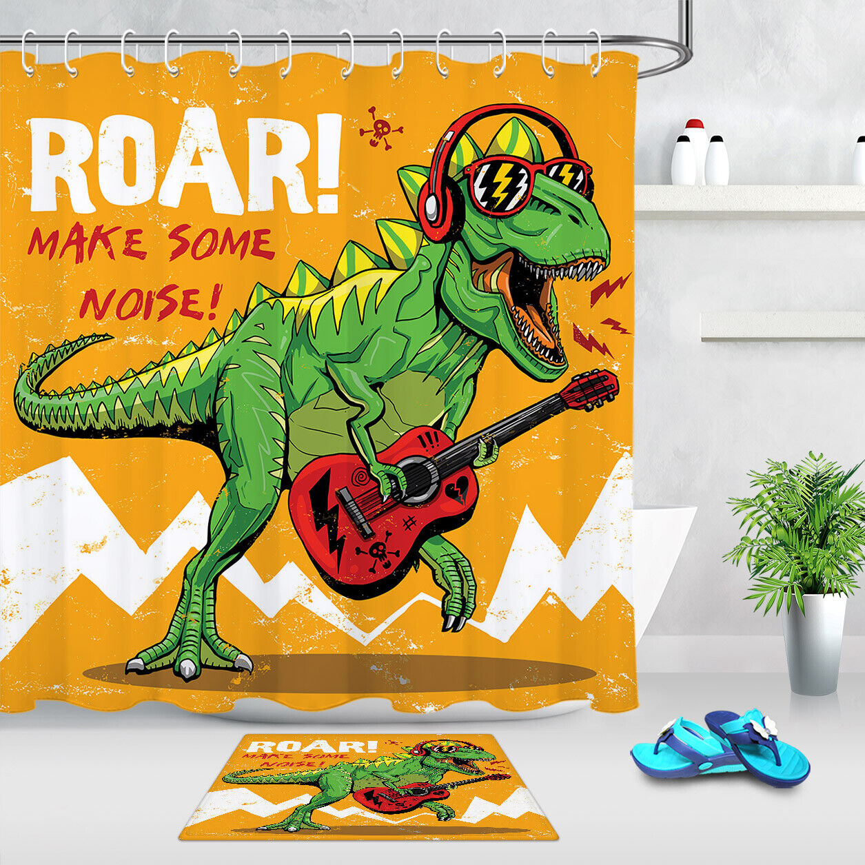 Dinosaur Guitar Shower Curtain - Fun And Waterproof Bathroom Accessory