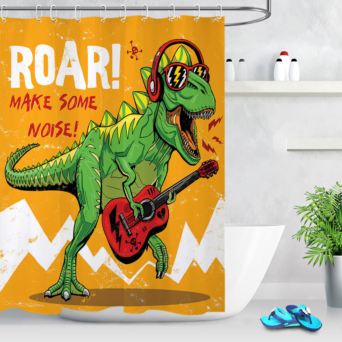 Dinosaur Guitar Shower Curtain - Fun And Waterproof Bathroom Accessory - Image 2