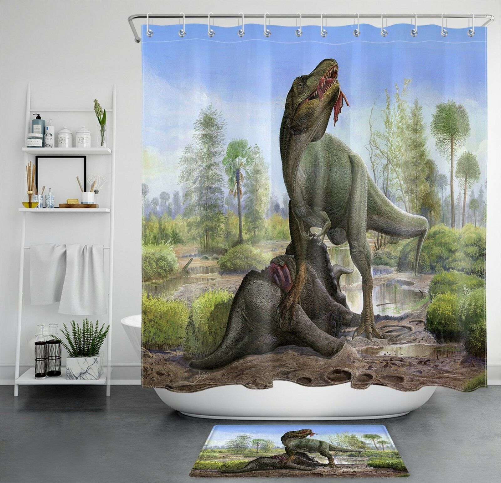 Dinosaur Hunting Tyrannosaurus Ancient Animal Waterproof Shower Curtain