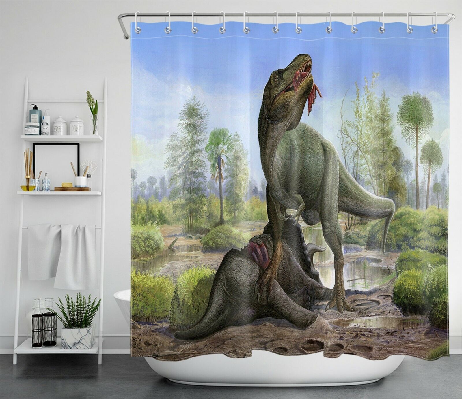 Dinosaur Hunting Tyrannosaurus Ancient Animal Waterproof Shower Curtain - Image 2