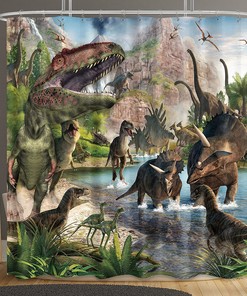 Dinosaur Jungle Forest Mountain Print Shower Curtain, Boys Kids Animal Dino Decor, Fabric Bathroom Waterproof Curtain