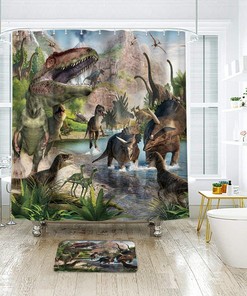Dinosaur Jungle Forest Mountain Print Shower Curtain, Boys Kids Animal Dino Decor, Fabric Bathroom Waterproof Curtain