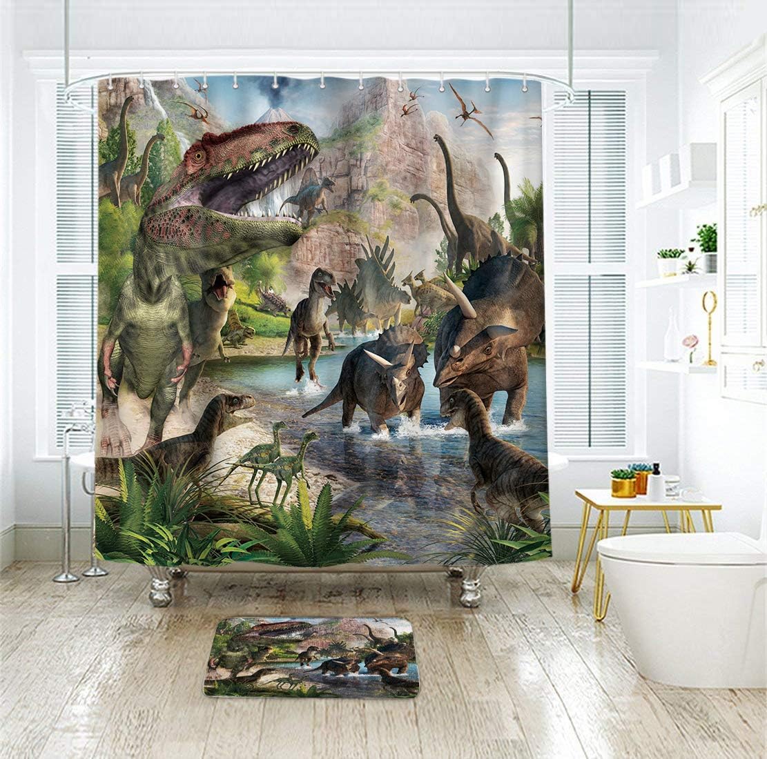 Dinosaur Jungle Forest Mountain Print Shower Curtain, Boys Kids Animal Dino Decor, Fabric Bathroom Waterproof Curtain