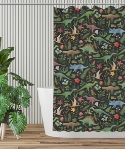 Dinosaur Jungle Shower Curtain for Rustic Farmhouse Bathroom Decor Fabric