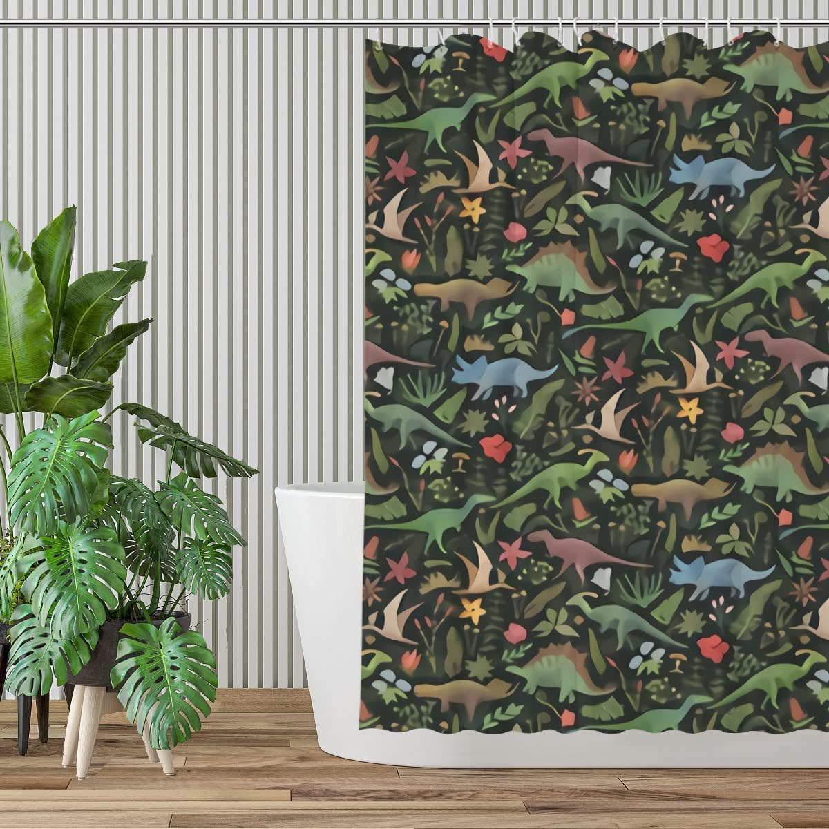 Dinosaur Jungle Shower Curtain for Rustic Farmhouse Bathroom Decor Fabric