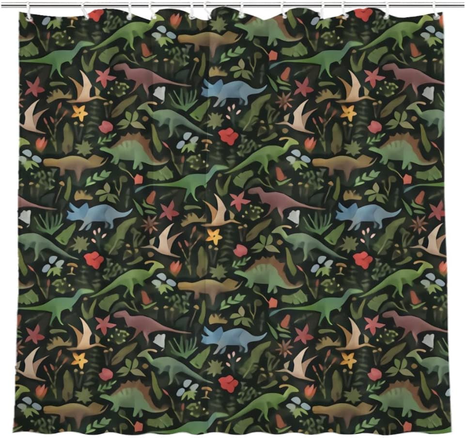 Dinosaur Jungle Shower Curtain for Rustic Farmhouse Bathroom Decor Fabric
