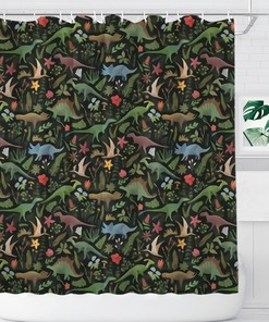 Dinosaur Jungle Shower Curtain for Rustic Farmhouse Bathroom Decor Fabric