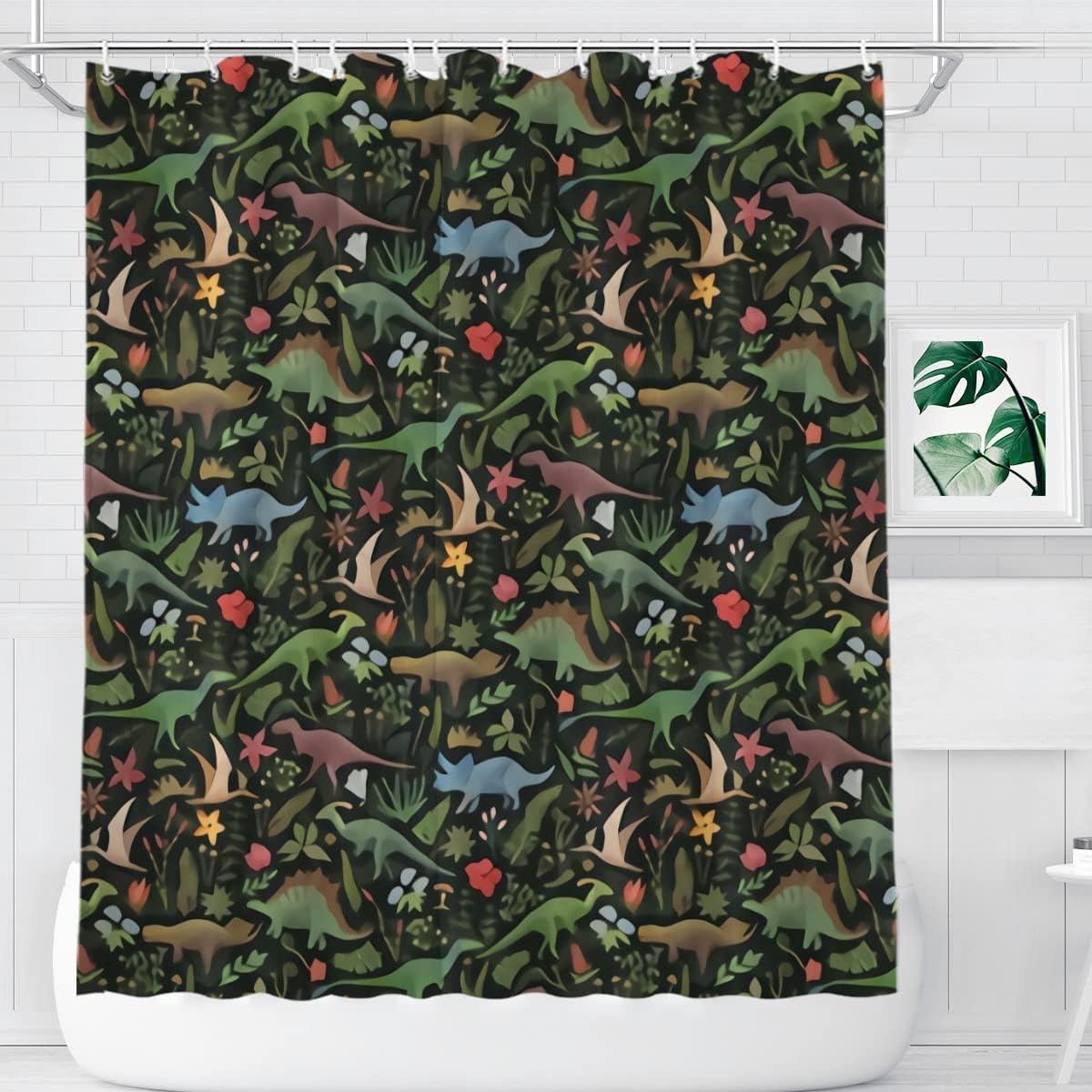 Dinosaur Jungle Shower Curtain for Rustic Farmhouse Bathroom Decor Fabric