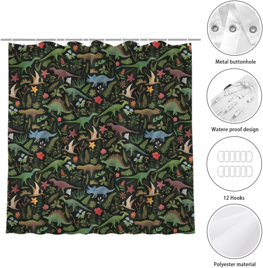 Dinosaur Jungle Shower Curtain for Rustic Farmhouse Bathroom Decor Fabric