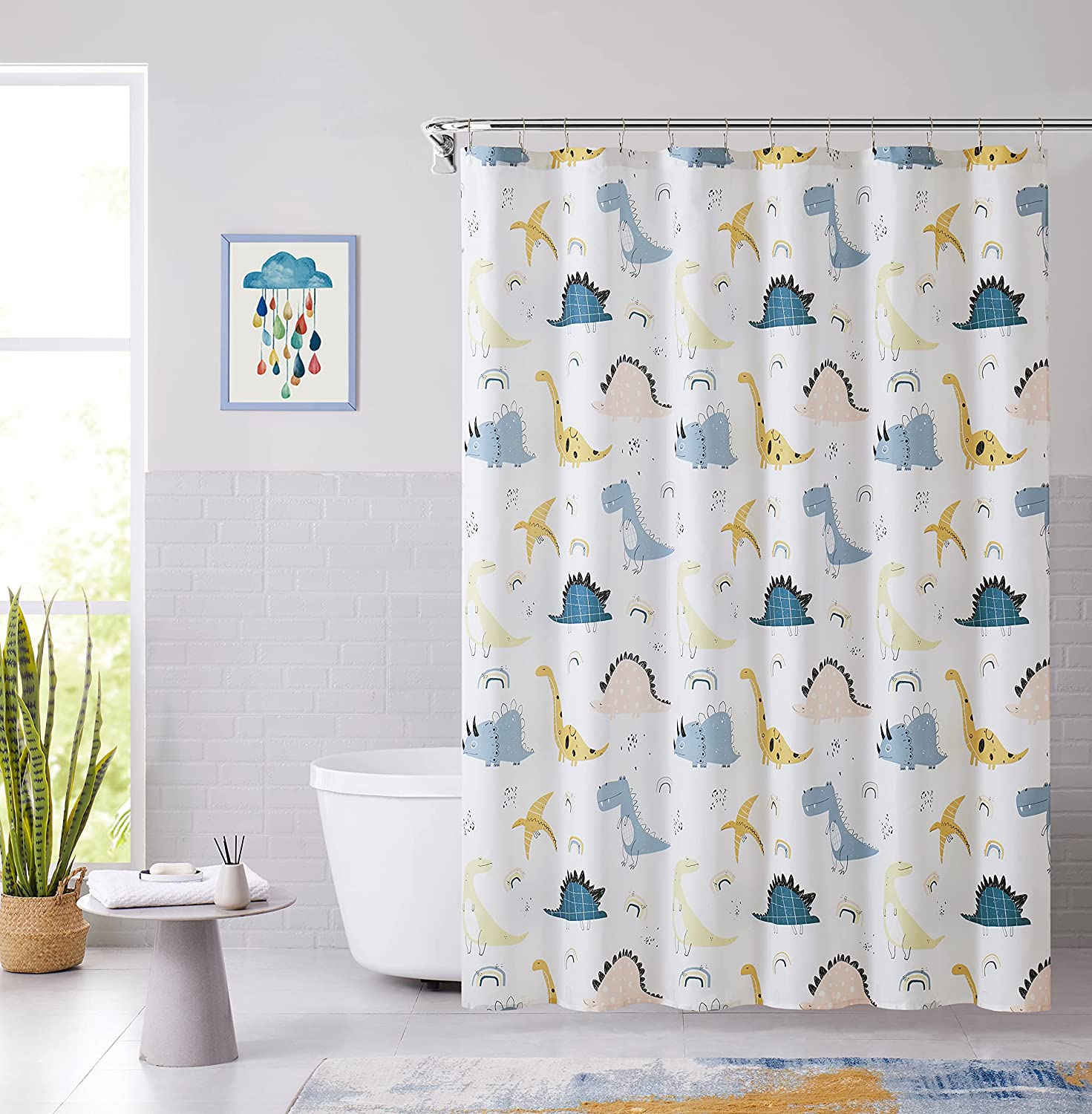 Dinosaur Kids Shower Curtain with Button Holes for Bathroom Decor