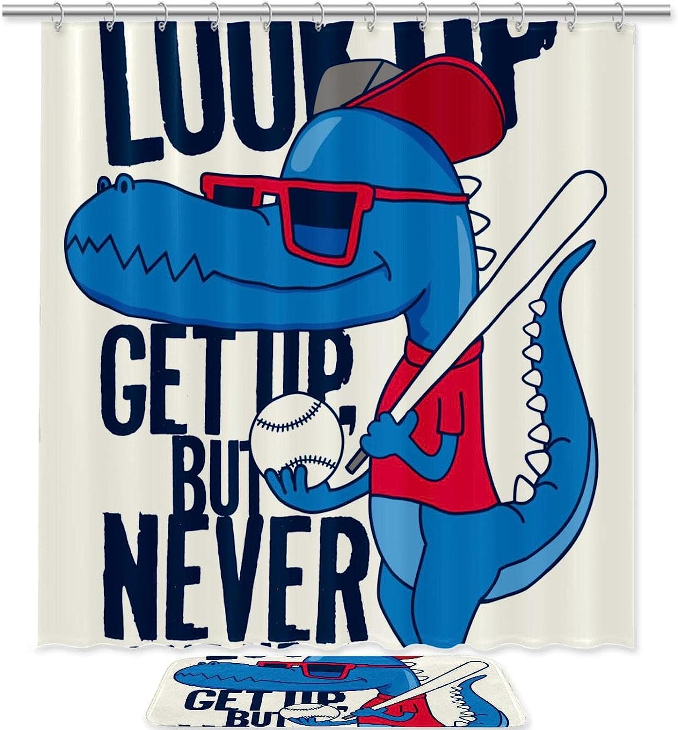 Dinosaur Playing Baseball Shower Curtain For Kids Bathroom Decor