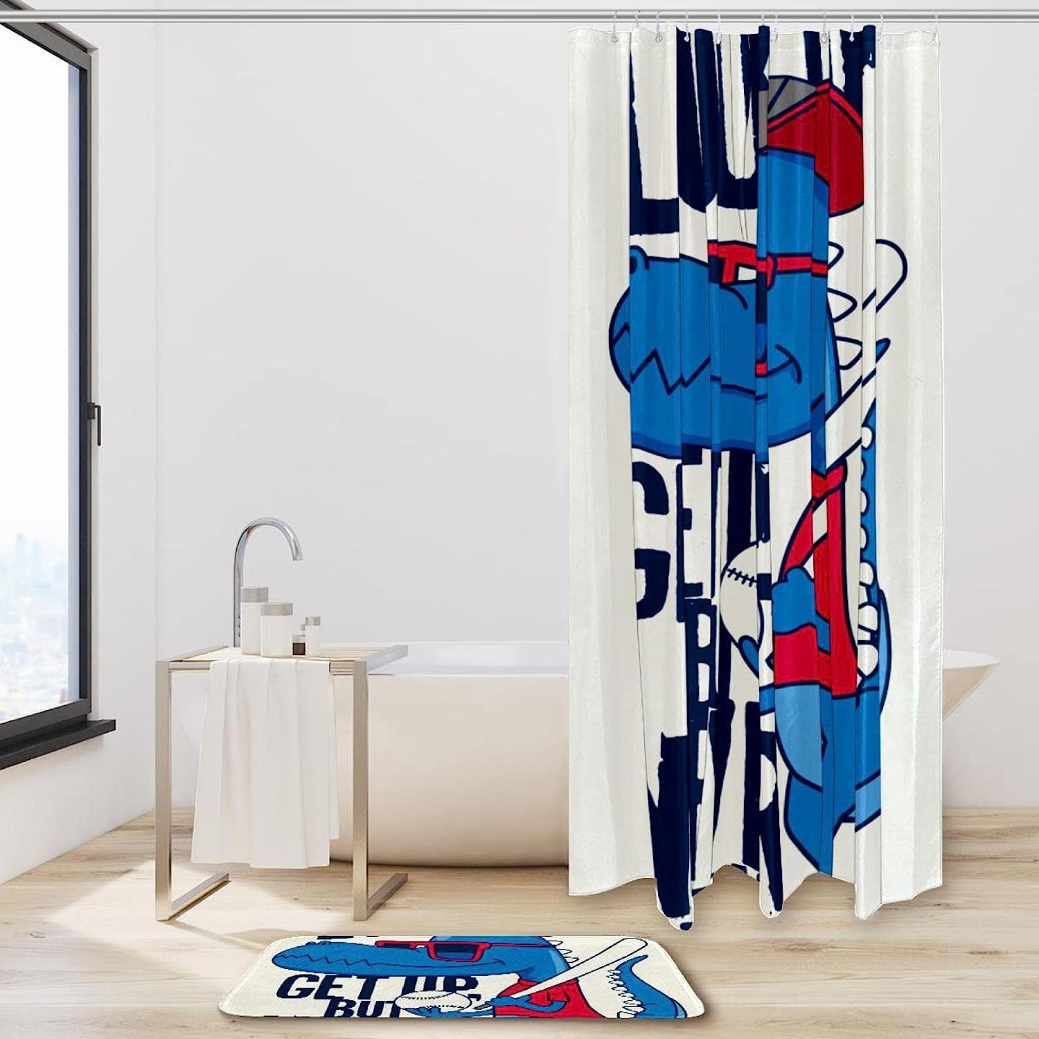 Dinosaur Playing Baseball Shower Curtain For Kids Bathroom Decor - Image 2