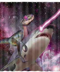 Dinosaur Riding Shark In Galaxy Space Shower Curtain - Fun And Humorous Bathroom Decor