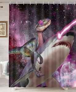 Dinosaur Riding Shark In Galaxy Space Shower Curtain - Fun And Humorous Bathroom Decor