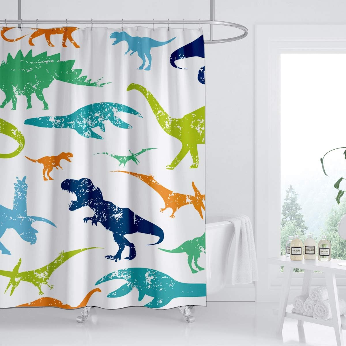 Dinosaur Shower Curtain with Colorful Kid Cartoon Jurassic Children Dino Elasmosaurs Design