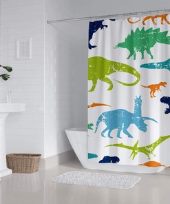 Dinosaur Shower Curtain with Colorful Kid Cartoon Jurassic Children Dino Elasmosaurs Design