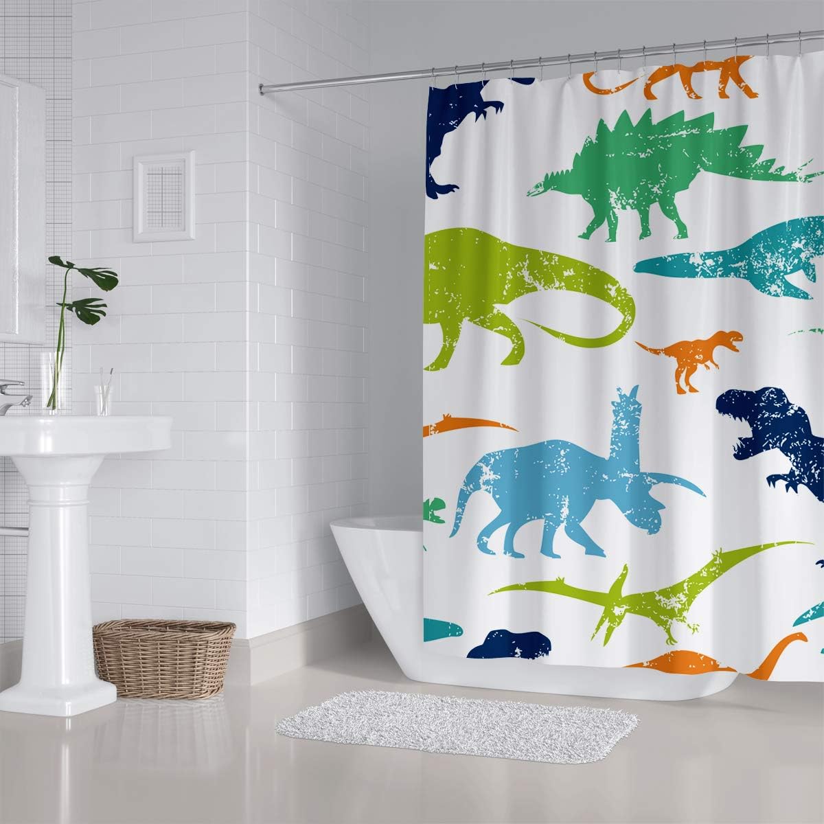 Dinosaur Shower Curtain with Colorful Kid Cartoon Jurassic Children Dino Elasmosaurs Design