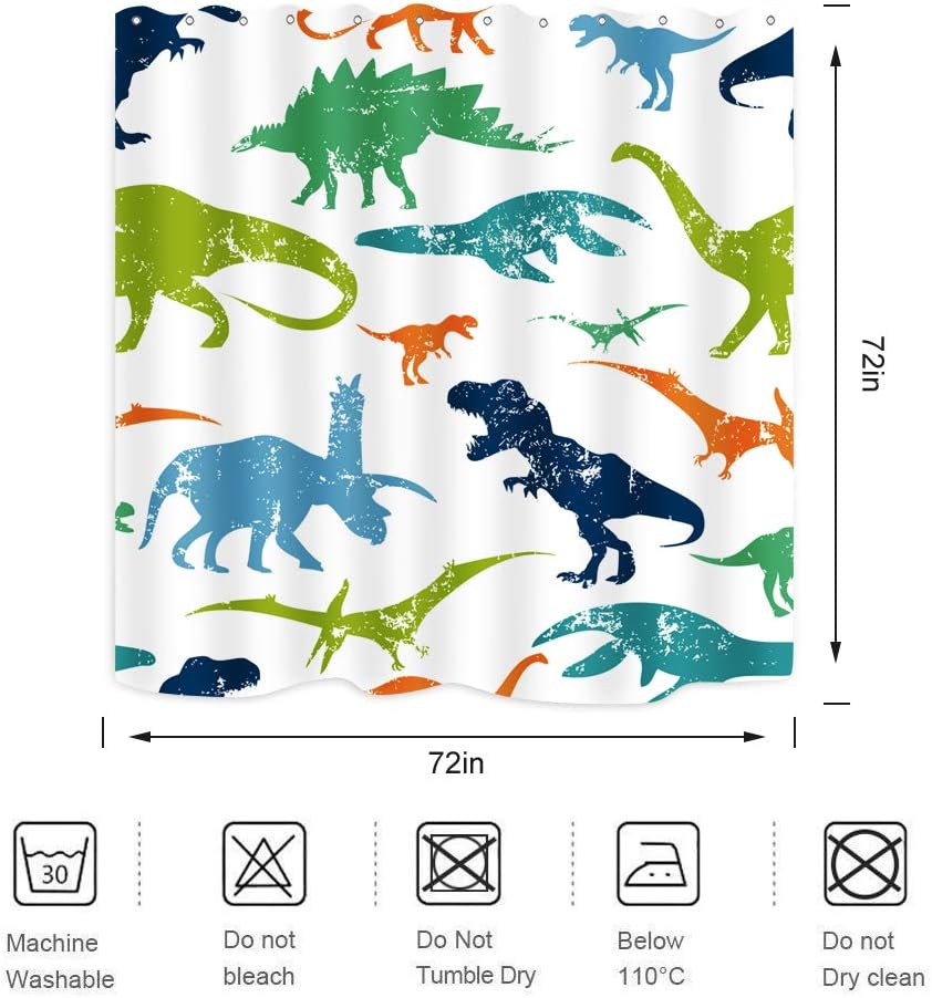 Dinosaur Shower Curtain with Colorful Kid Cartoon Jurassic Children Dino Elasmosaurs Design