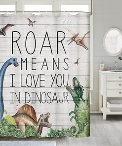 Dinosaur Shower Curtain with a Dino Jungle Forest Mountain Design for a Fun and Adventurous Bathroom