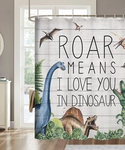 Dinosaur Shower Curtain with a Dino Jungle Forest Mountain Design for a Fun and Adventurous Bathroom