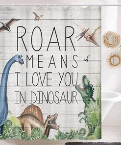 Dinosaur Shower Curtain with a Dino Jungle Forest Mountain Design for a Fun and Adventurous Bathroom