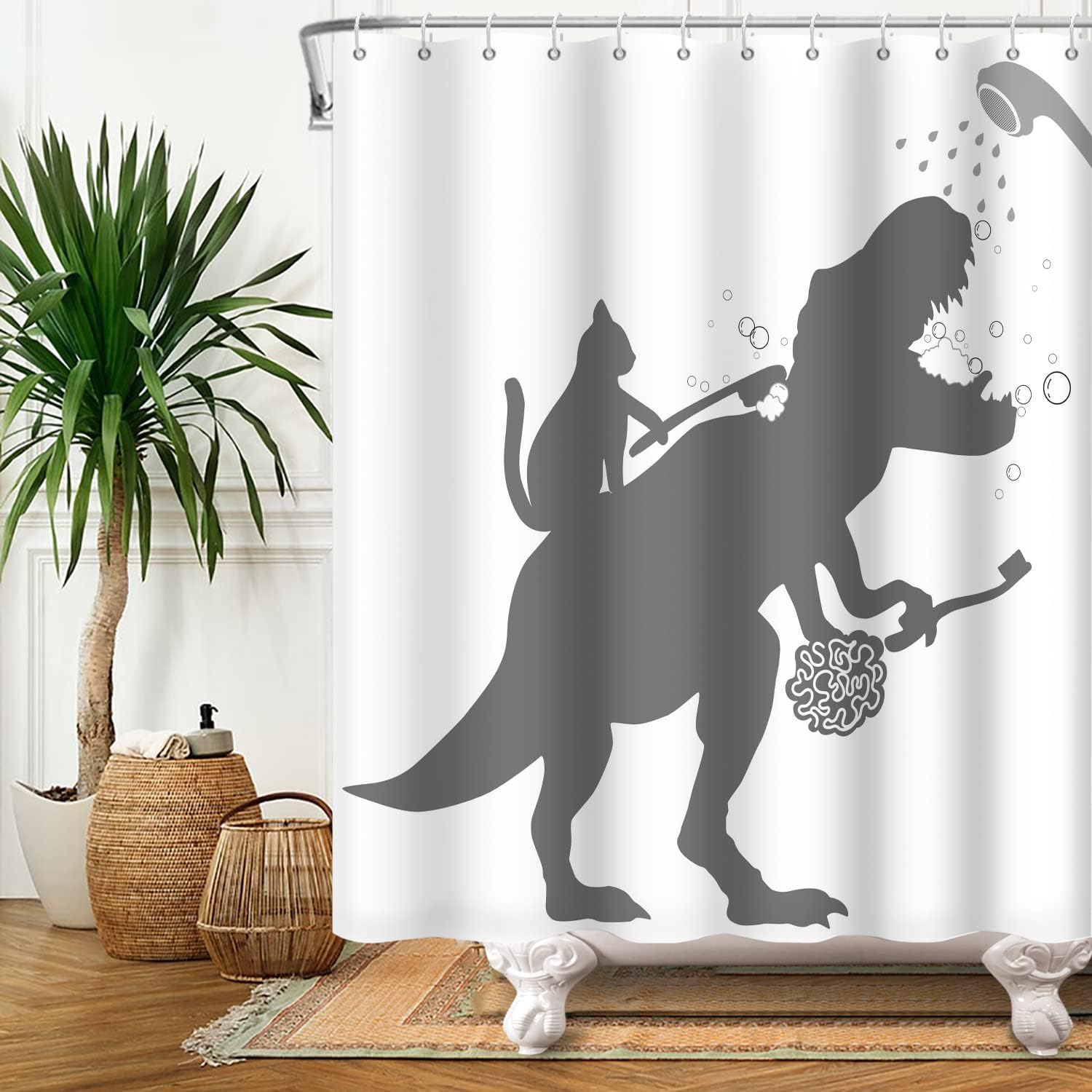 Dinosaur Silhouette Shower Curtain - Funny Kids Bathroom Decor