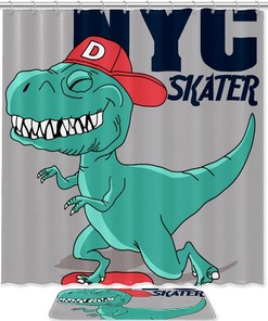 Dinosaur Skateboarding Shower Curtain - Playful Bathroom Accessory
