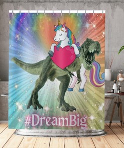 Dinosaur and Unicorn Dream Big Shower Curtain for Kids Bathroom Decor