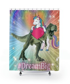 Dinosaur and Unicorn Dream Big Shower Curtain for Kids Bathroom Decor