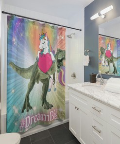 Dinosaur and Unicorn Dream Big Shower Curtain for Kids Bathroom Decor