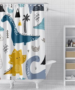 Dinosaurs White Shower Curtain Whimsical Bathroom Decor For Kids