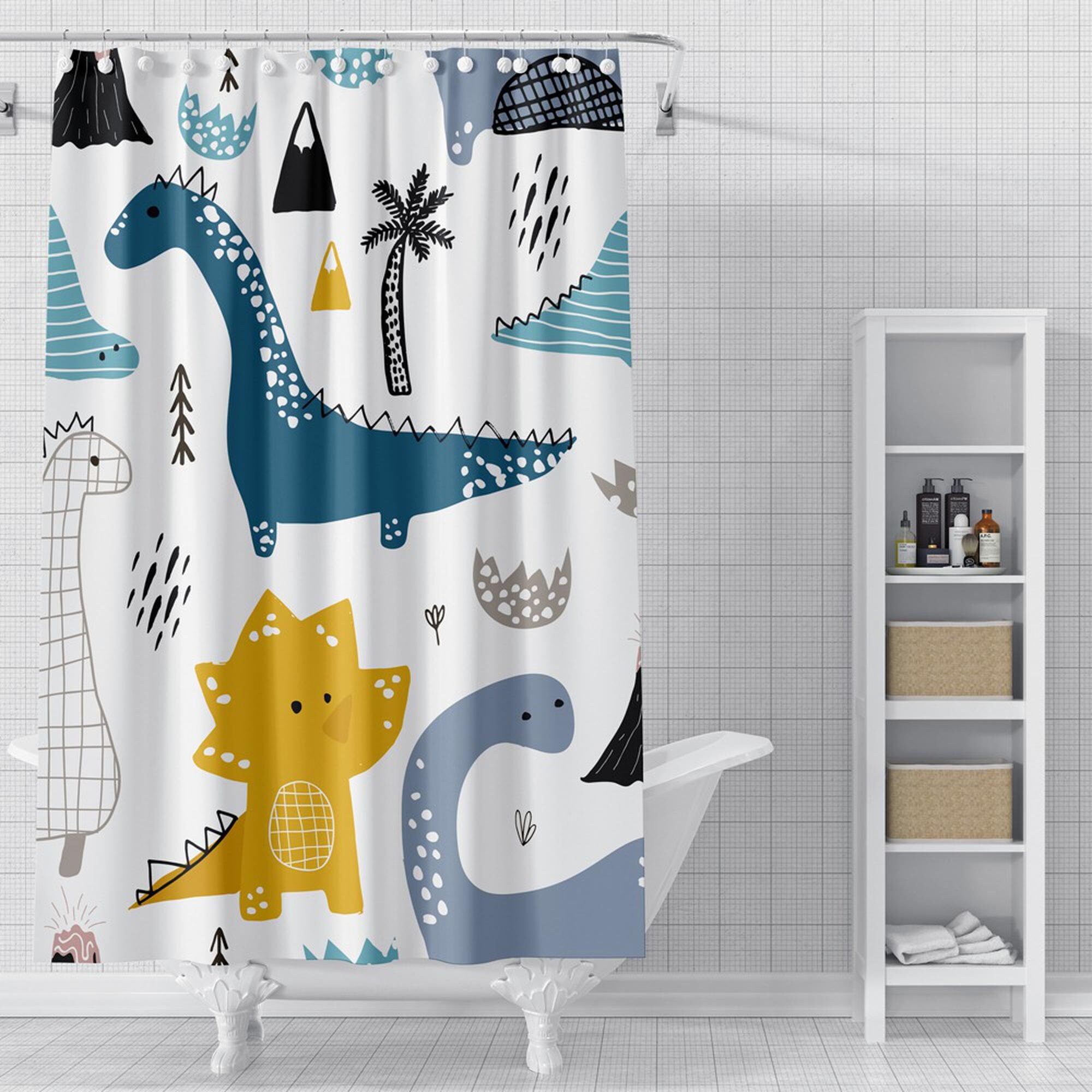 Dinosaurs White Shower Curtain Whimsical Bathroom Decor For Kids