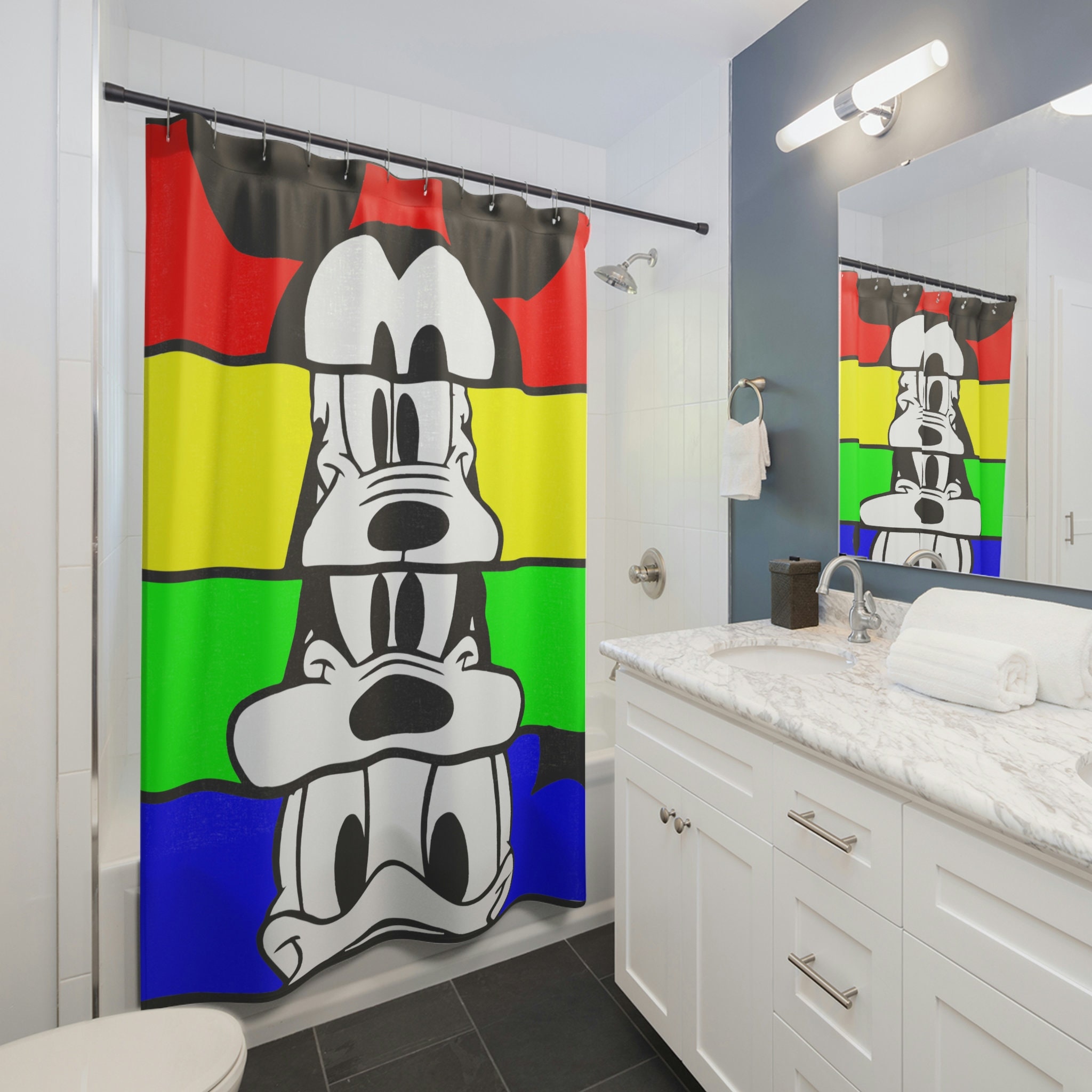 Disney Inspired Multicolor Shower Curtain - Mickey, Pluto, and Goofy Bathroom Decor