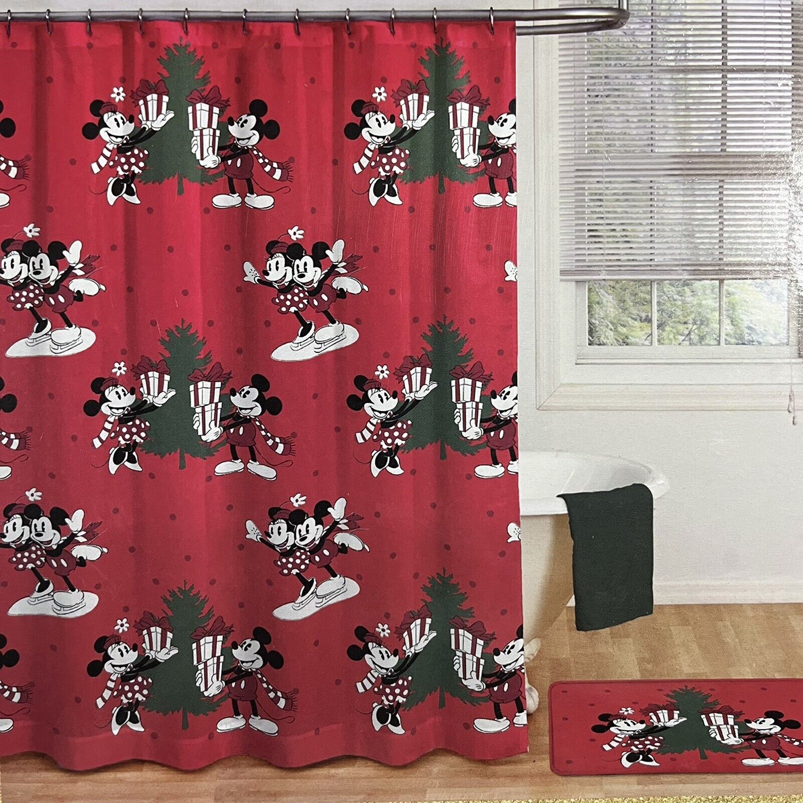 Disney Mickey Mouse Minnie 1Bath Set Christmas Tree Print Shower Curtain