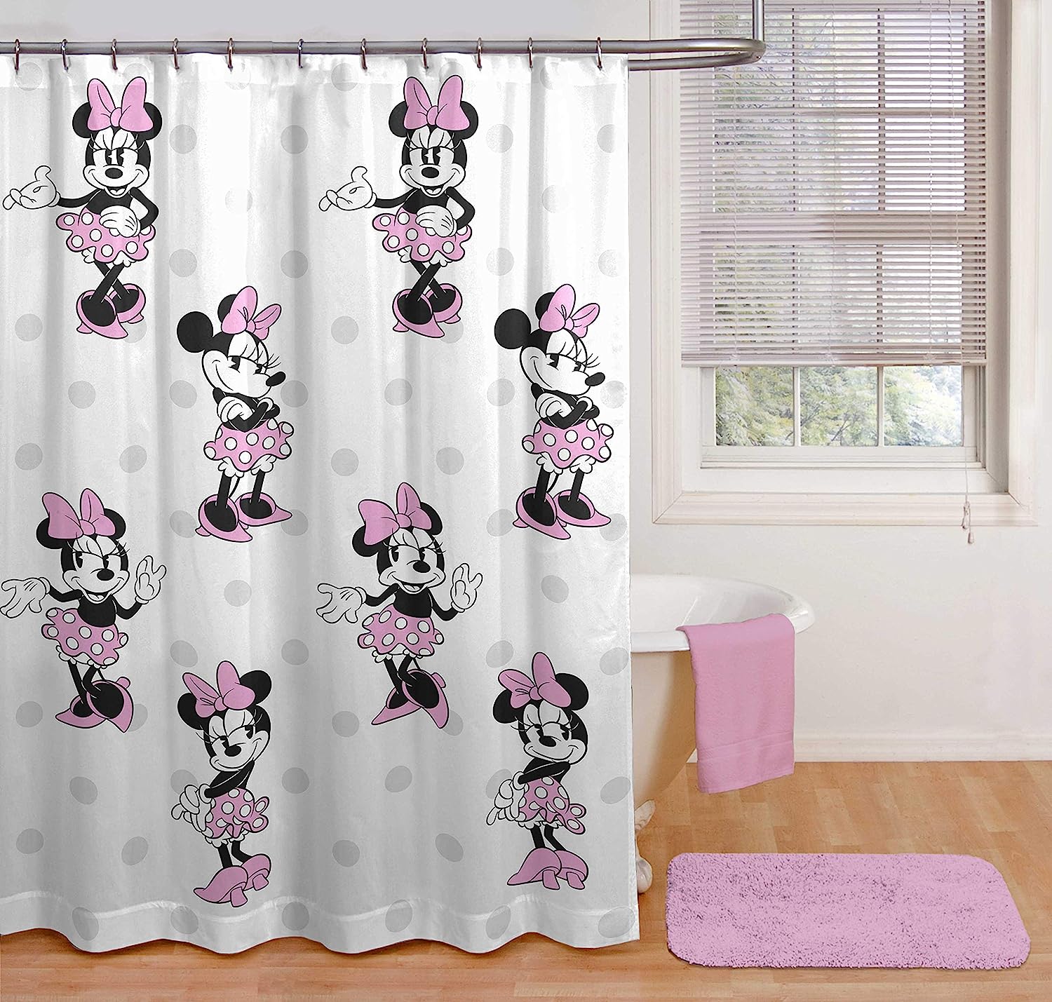 Disney Minnie Mouse Cheery Shower Curtain for Kids Bathroom with Easy Care Fabric