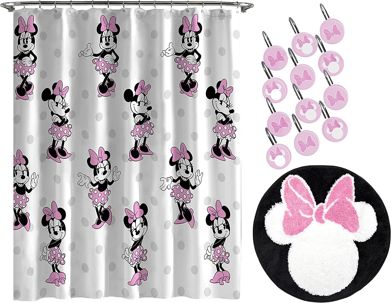 Disney Minnie Mouse Cherry Bathroom Set with Shower Curtain and Bath Rug