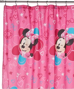 Disney Minnie Mouse Fabric Shower Curtain in Fuchsia with Pink Hearts for Kids Bathroom.