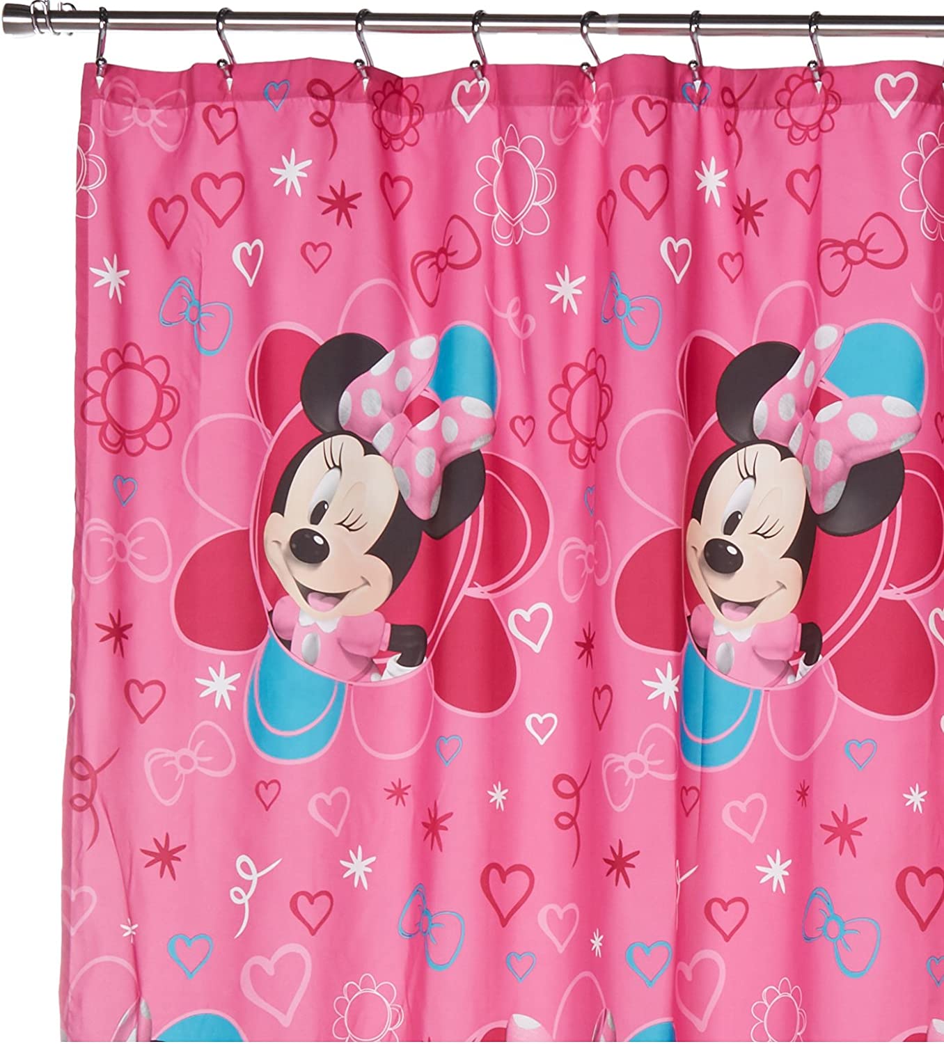 Disney Minnie Mouse Fabric Shower Curtain in Fuchsia with Pink Hearts for Kids Bathroom.