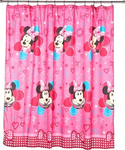 Disney Minnie Mouse Fabric Shower Curtain in Fuchsia with Pink Hearts for Kids Bathroom.