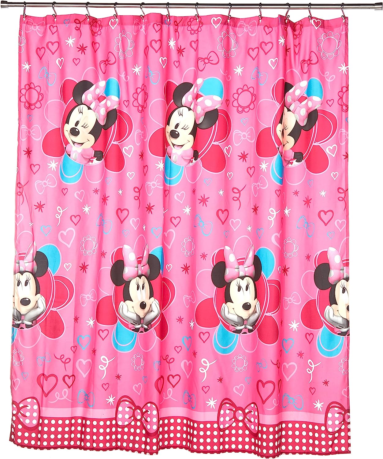 Disney Minnie Mouse Fabric Shower Curtain in Fuchsia with Pink Hearts for Kids Bathroom.