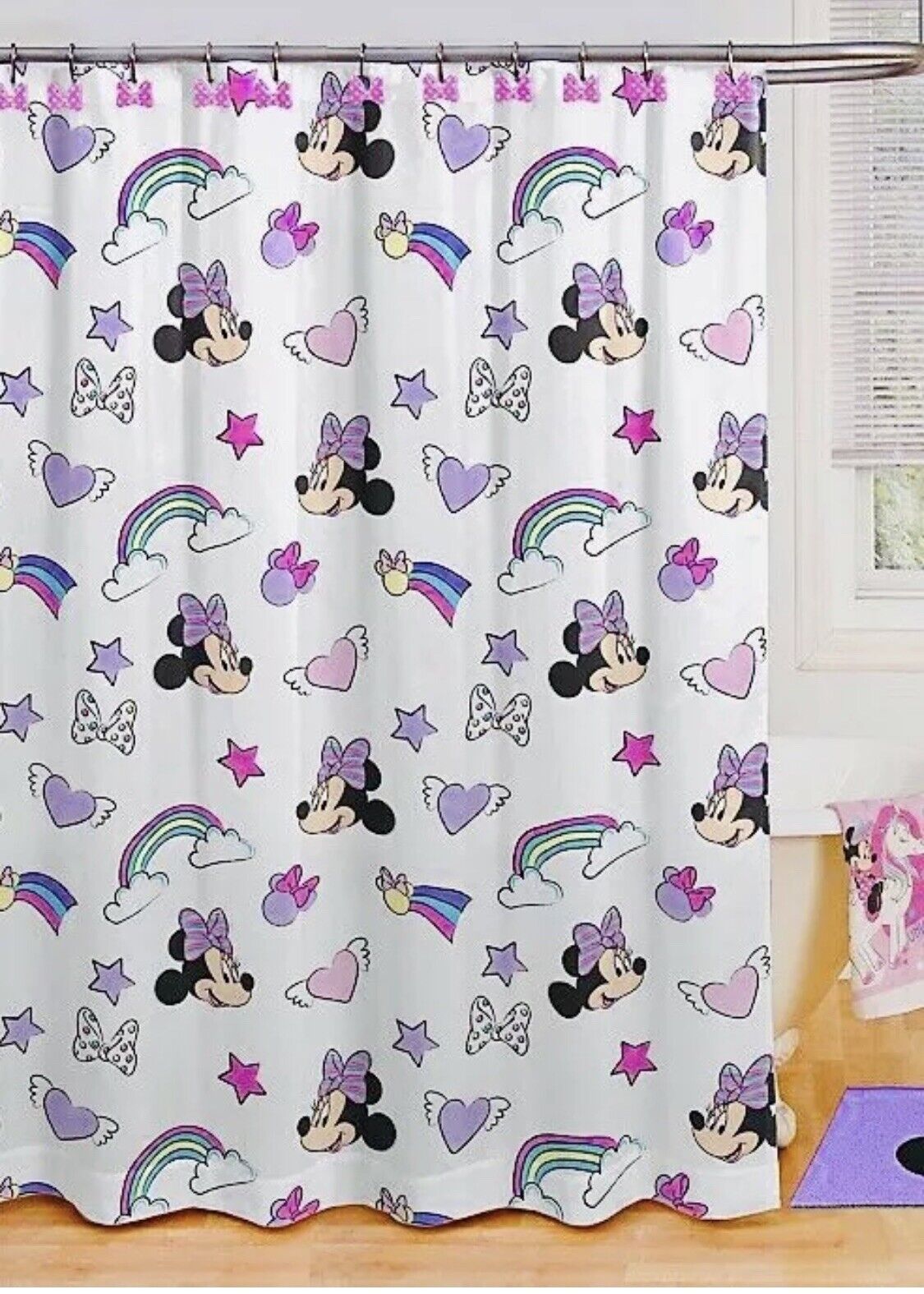 Disney Minnie Mouse Shower Curtain & Set In Pink With Rainbows & Hearts Decor