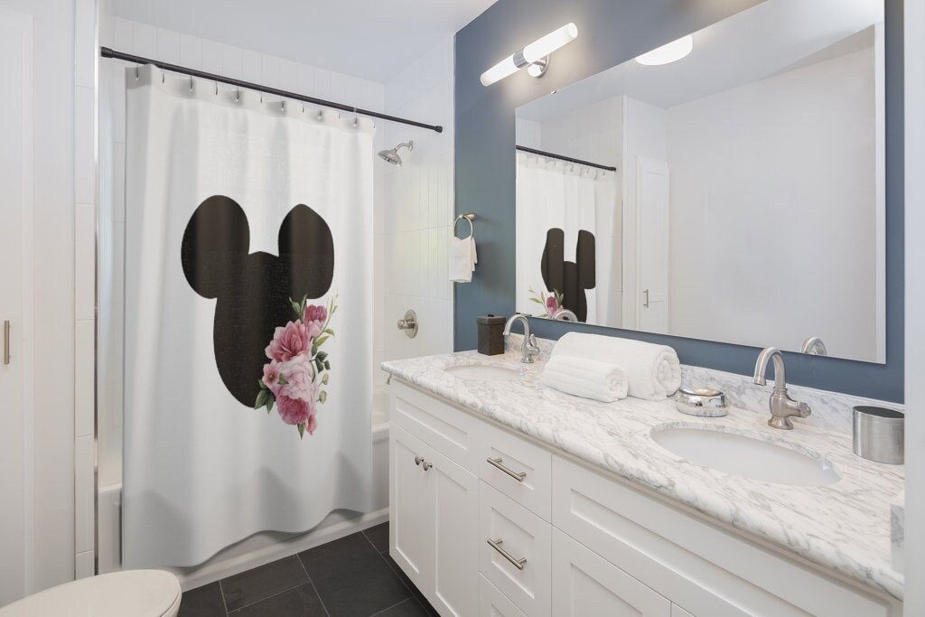 Disney-Inspired Spring Party Curtain With Mickey And Spring Flowers For Magical Bathroom Decor And Disney Lover Gift