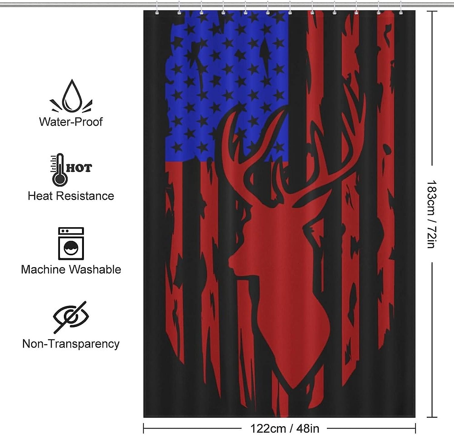 Distressed American Flag Hunting Deer Waterproof Shower Curtain Fabric - Image 2