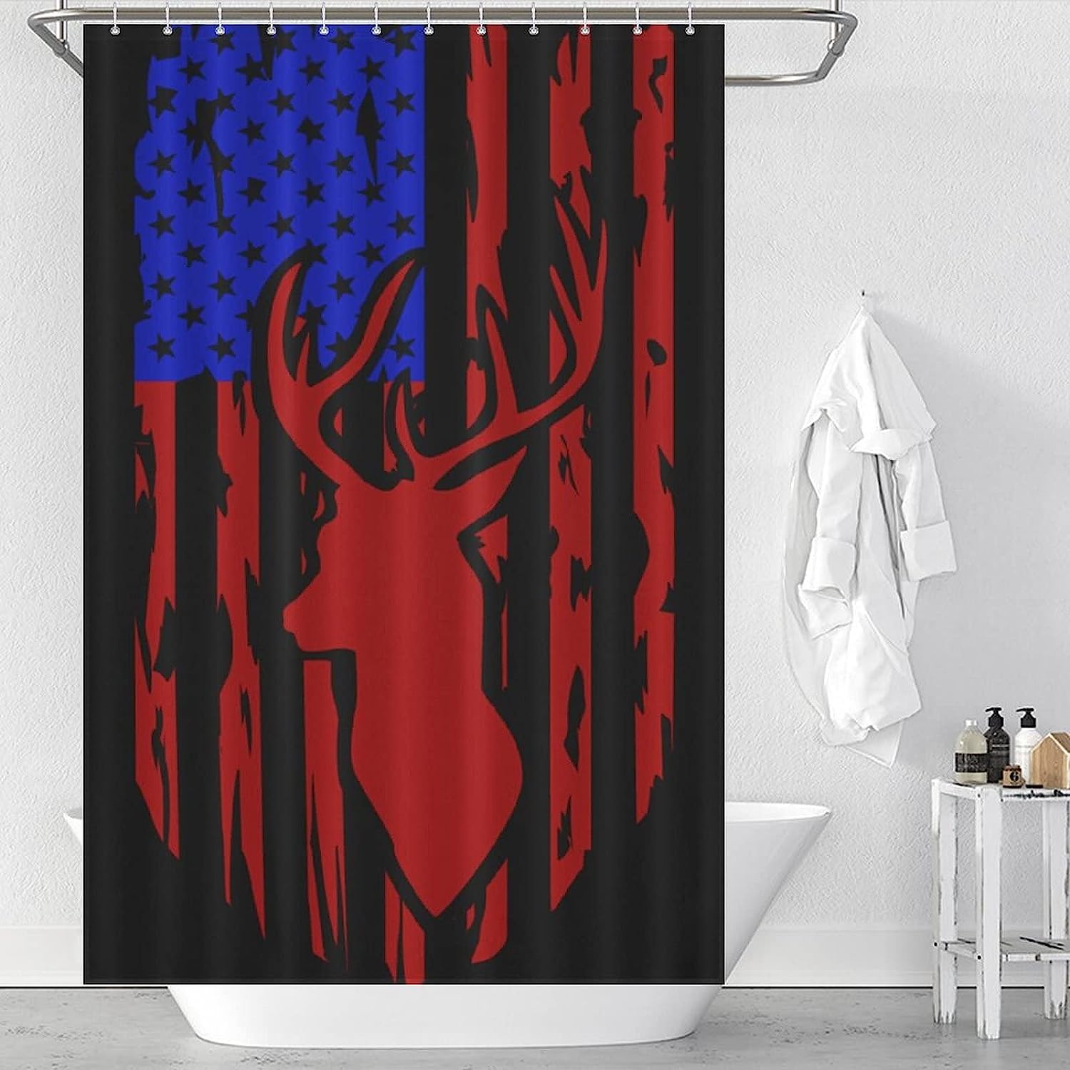 Distressed American Flag Hunting Deer Waterproof Shower Curtain Fabric - Image 3