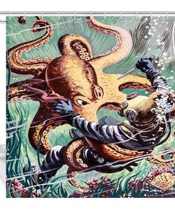 Diver Vs Octopus Waterproof Fabric Shower Curtain Ocean Bathroom Decor
